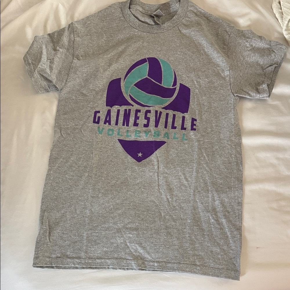 Gildan Gray T-Shirt with Purple & Teal Volleyball Logo